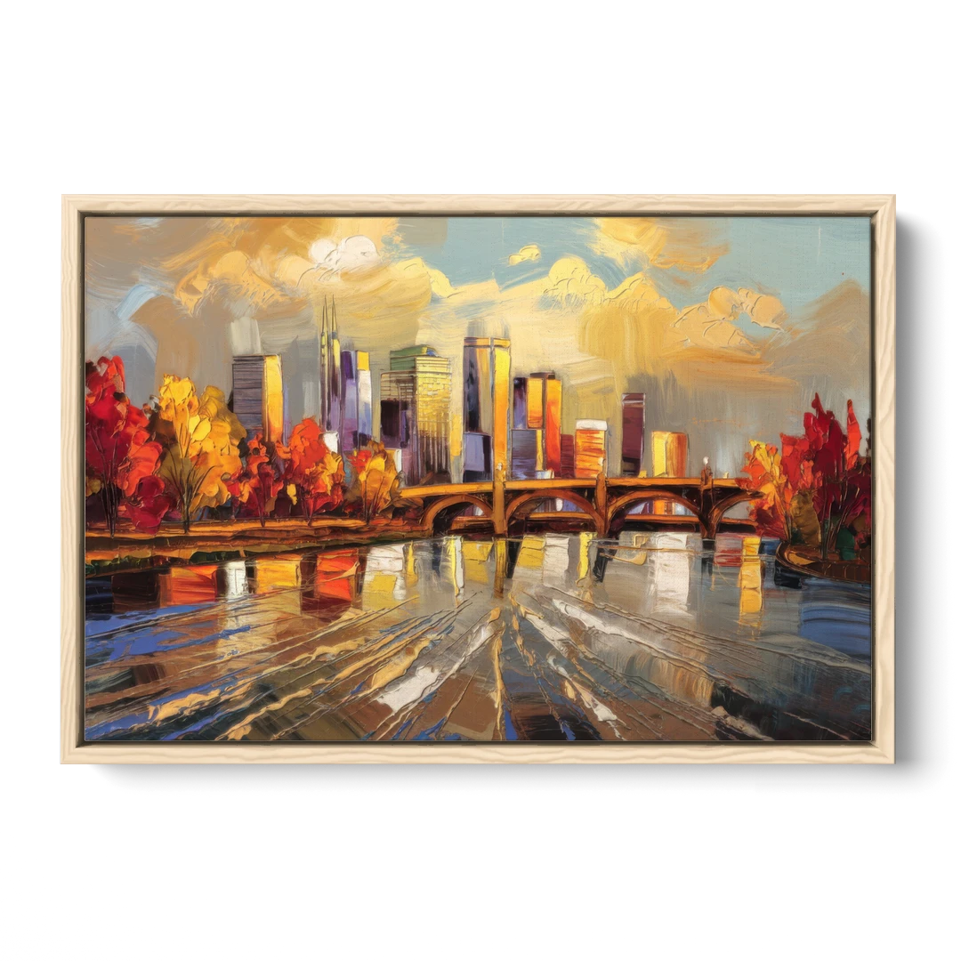 Minneapolis Mississippi River View - Oak Framed Canvas Wall Art - Front