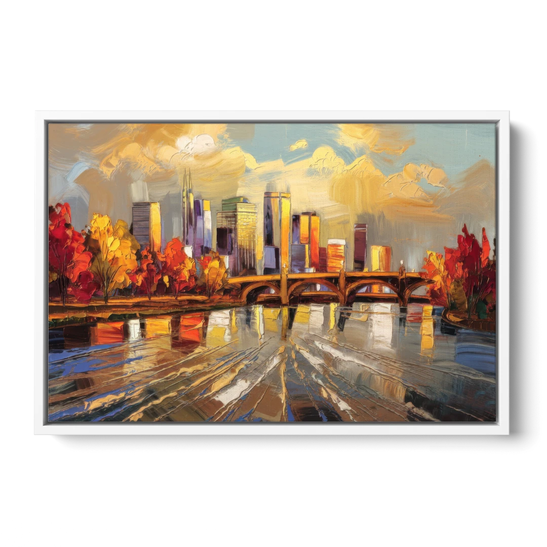 Minneapolis Mississippi River View - White Framed Canvas Wall Art - Front