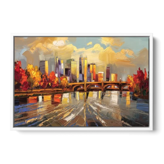 Minneapolis Mississippi River View - White Framed Canvas Wall Art - Front