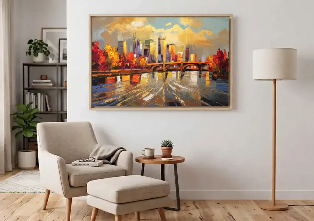 Minneapolis Mississippi River View canvas wall art above an armchair in a bright living room