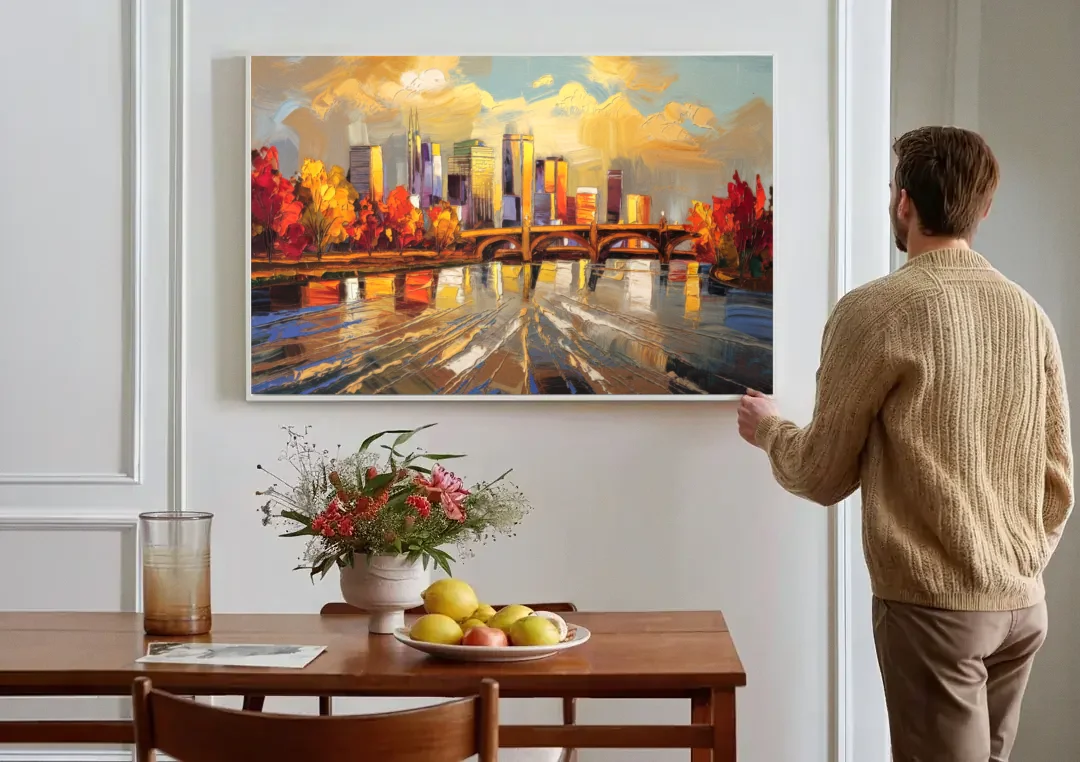 Minneapolis Mississippi River View canvas wall art above a dining table