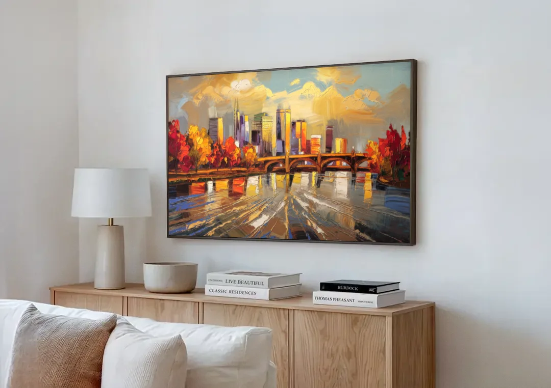 Minneapolis Mississippi River View canvas wall art above a wooden sideboard next to a sofa