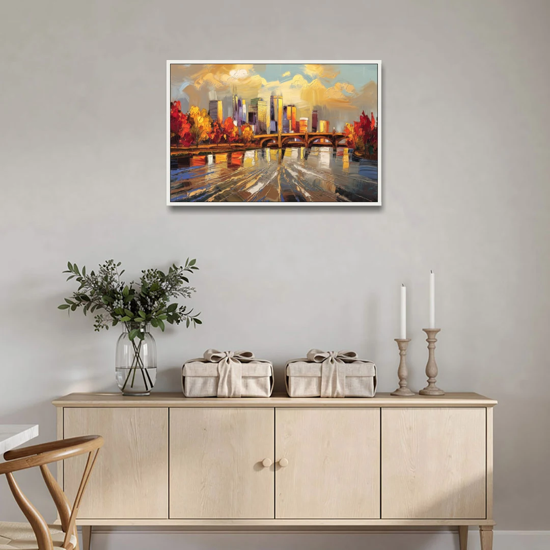 Minneapolis Mississippi River View - White Framed Canvas Wall Art - Coffee Table - 36x24