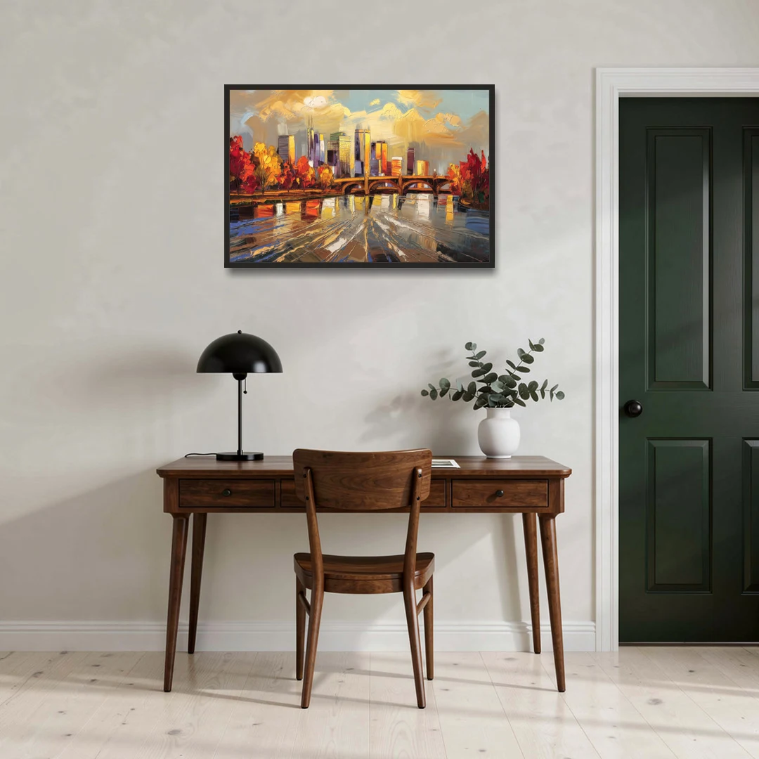 Minneapolis Mississippi River View - Black Framed Canvas Wall Art - Office - 36x24