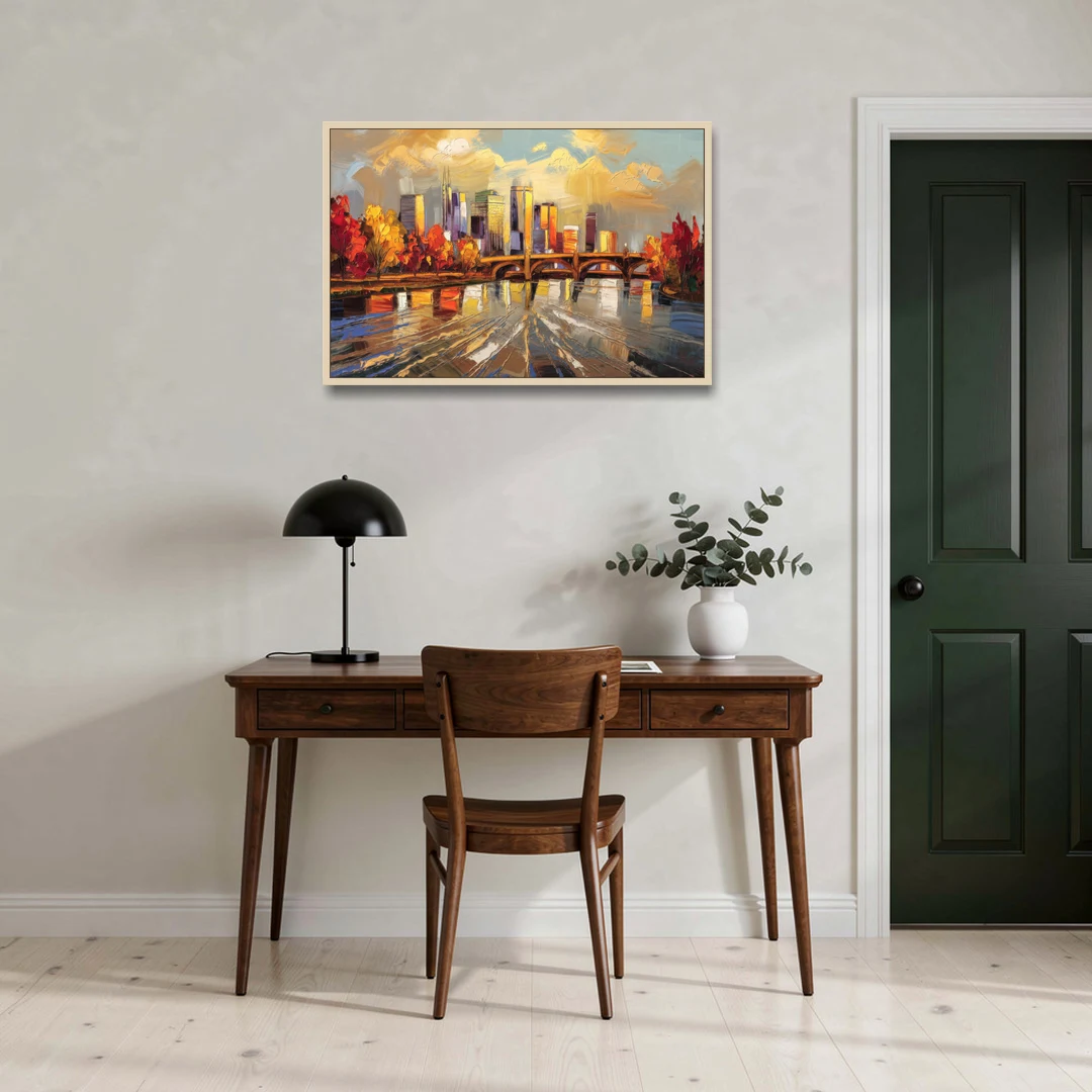 Minneapolis Mississippi River View - Oak Framed Canvas Wall Art - Office - 36x24