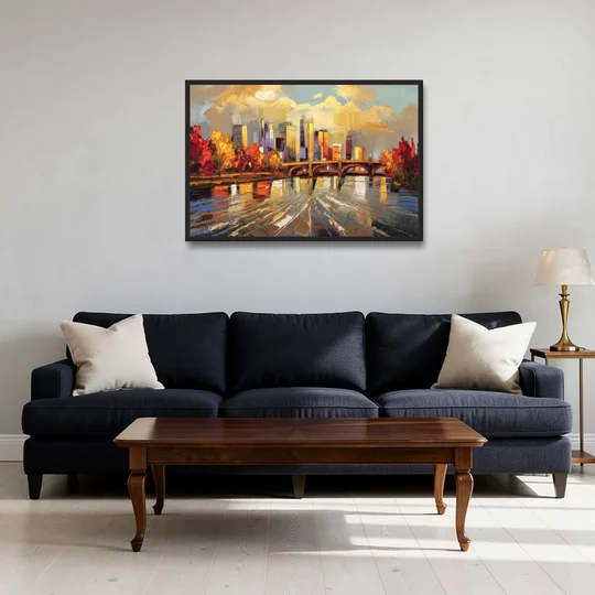 Minneapolis Mississippi River View - Black Framed Canvas Wall Art - Sofa - 36x24