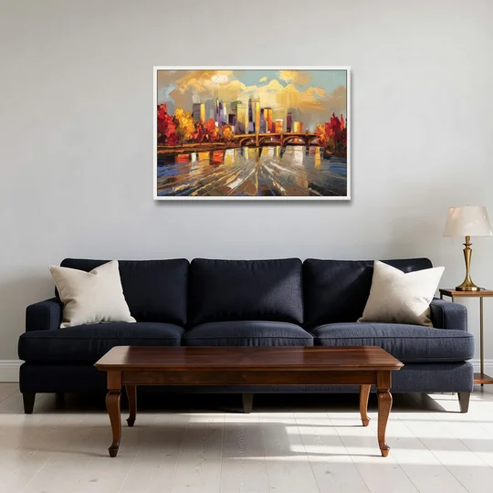 Minneapolis Mississippi River View - White Framed Canvas Wall Art - Sofa - 36x24