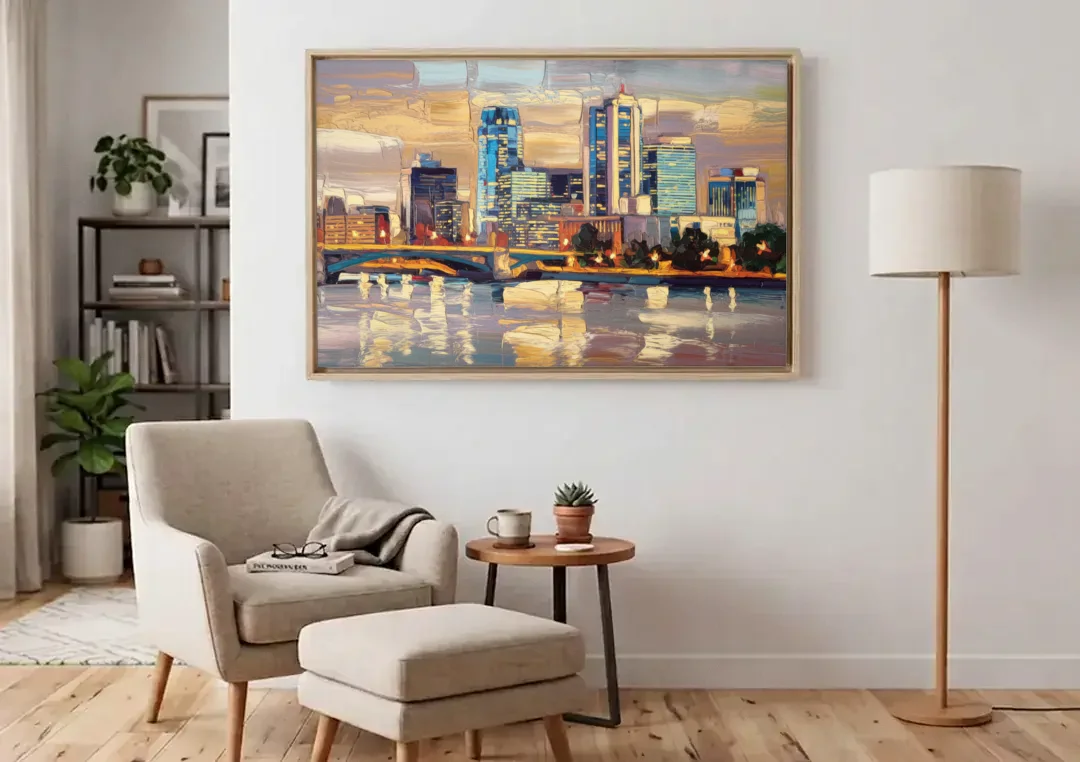 Minneapolis Modern Architectural Beauty canvas wall art above an armchair in a bright living room