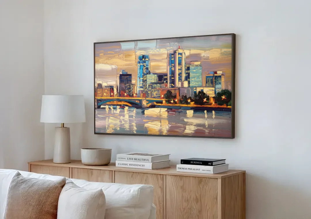 Minneapolis Modern Architectural Beauty canvas wall art above a wooden sideboard next to a sofa