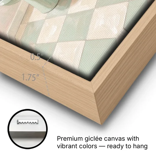 Mint Green Bathroom Decor with Checkerboard Tile - Oak Framed Canvas Wall Art - Gallery Wrap Corner