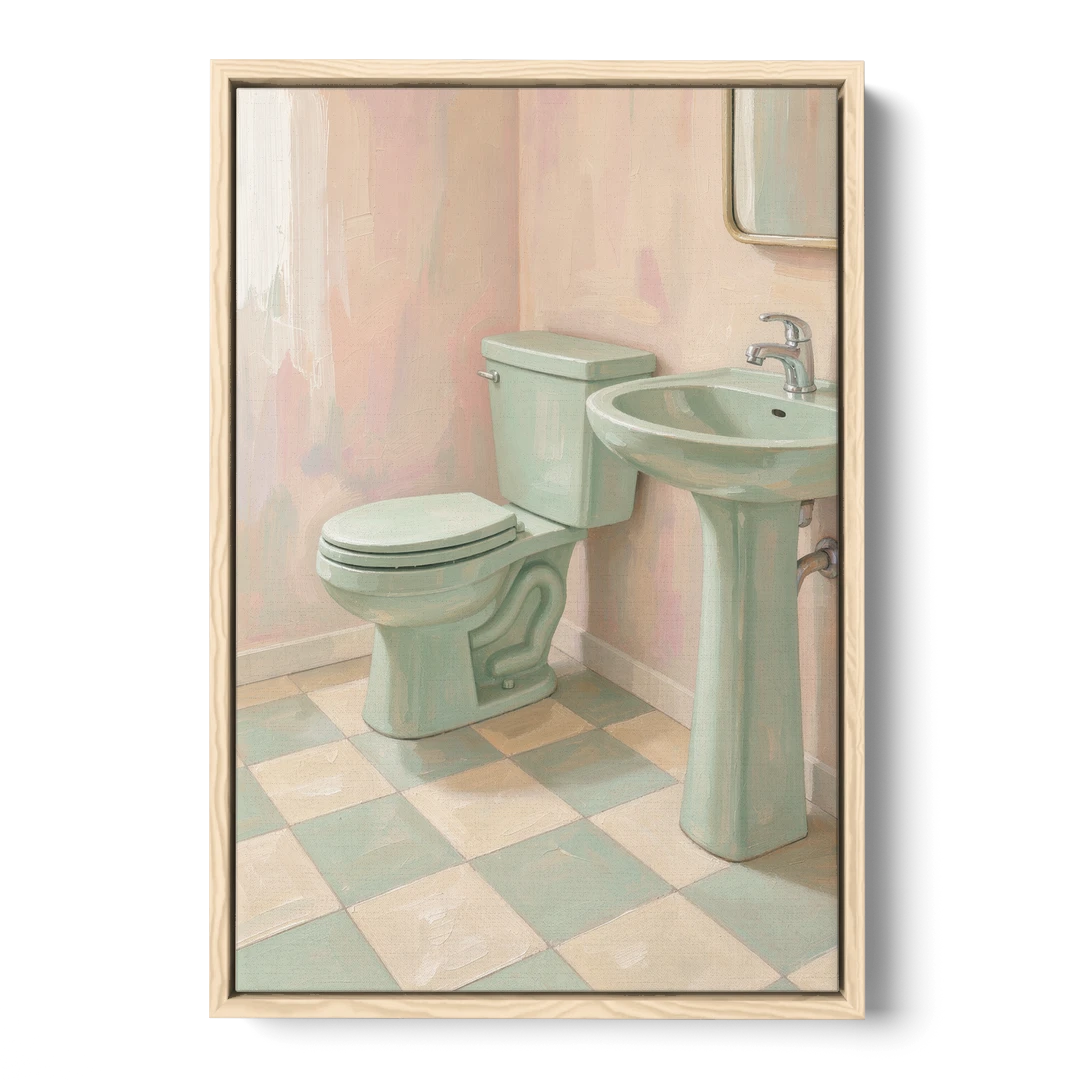 Mint Green Bathroom Decor with Checkerboard Tile - Oak Framed Canvas Wall Art - Front