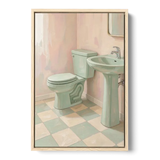 Mint Green Bathroom Decor with Checkerboard Tile - Oak Framed Canvas Wall Art - Front