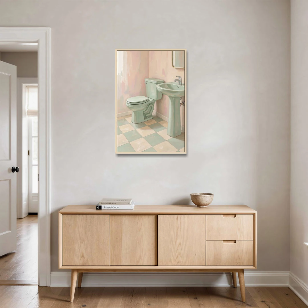 Mint Green Bathroom Decor with Checkerboard Tile - Oak Framed Canvas Wall Art - Coffee Table - 24x36