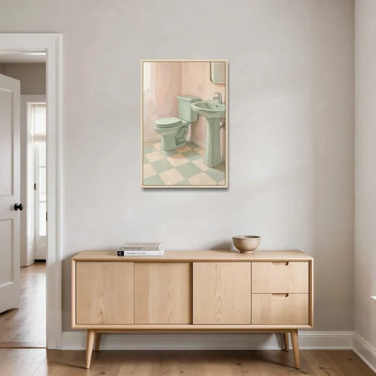 Mint Green Bathroom Decor with Checkerboard Tile - Oak Framed Canvas Wall Art - Coffee Table - 24x36