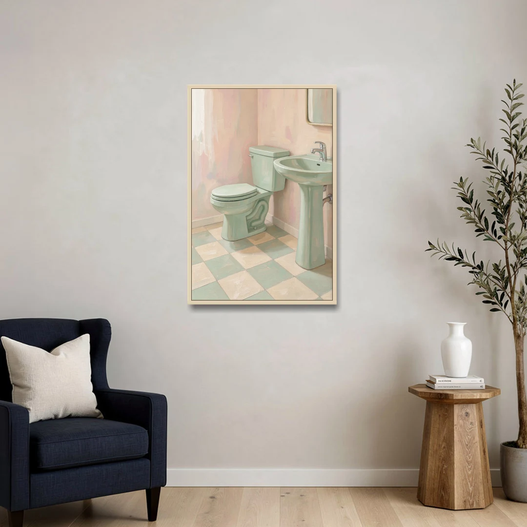 Mint Green Bathroom Decor with Checkerboard Tile - Oak Framed Canvas Wall Art - Sofa - 24x36