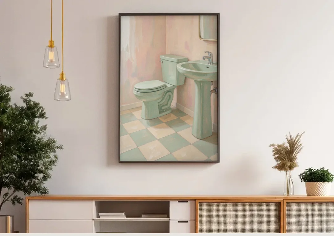Mint Green Bathroom Decor with Checkerboard Tile canvas wall art above a wooden sideboard under pendant lights