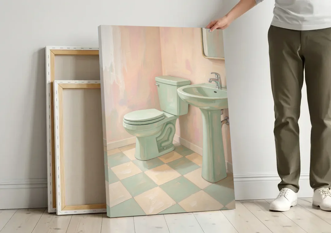 Mint Green Bathroom Decor with Checkerboard Tile canvas wall art leaning against a wall next to blank canvases