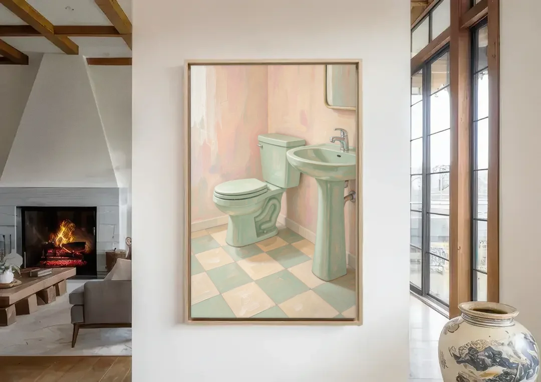 Mint Green Bathroom Decor with Checkerboard Tile canvas wall art in a living room with a fireplace