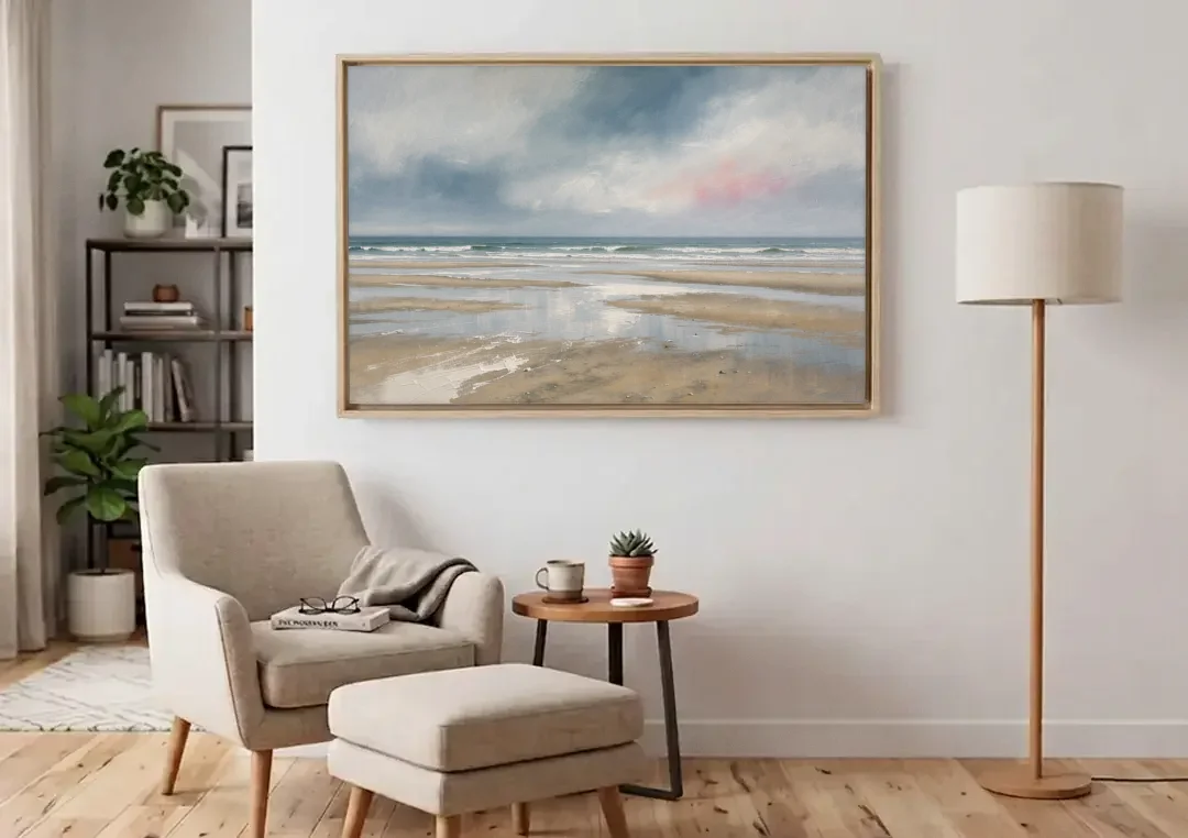 Mirrored Tide Pools at Low Tide Above the Headboard canvas wall art above an armchair in a bright living room