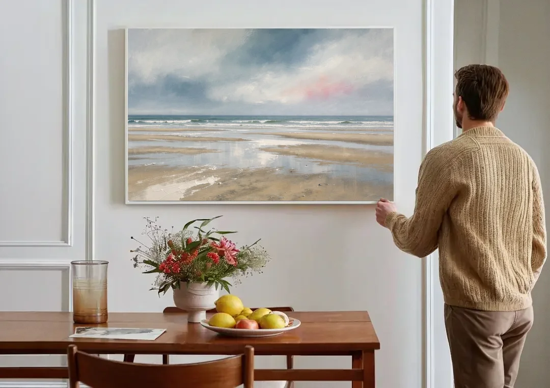 Mirrored Tide Pools at Low Tide Above the Headboard canvas wall art above a dining table