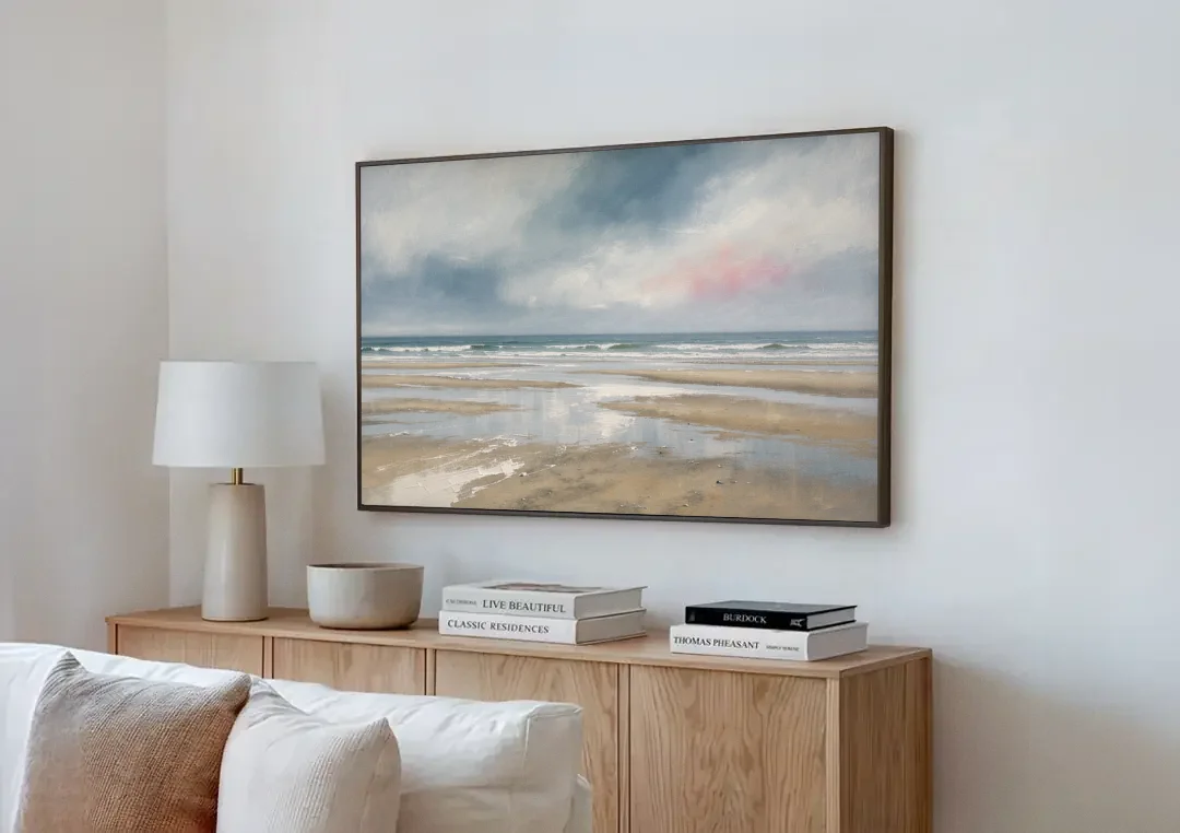 Mirrored Tide Pools at Low Tide Above the Headboard canvas wall art above a wooden sideboard next to a sofa