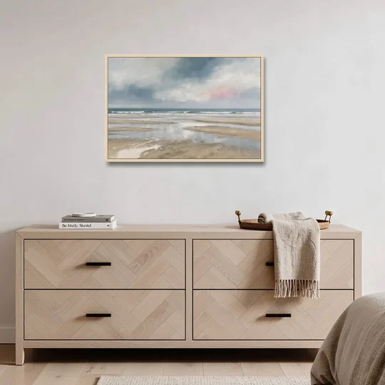 Mirrored Tide Pools at Low Tide Above the Headboard - Oak Framed Canvas Wall Art - Coffee Table - 36x24