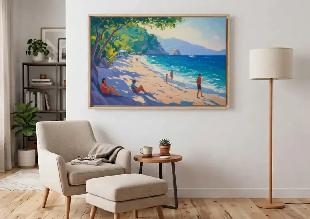 Mismaloya Beach View canvas wall art above an armchair in a bright living room