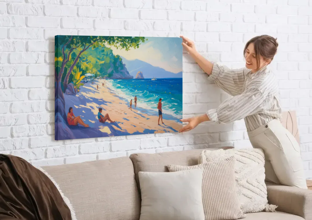 Mismaloya Beach View canvas wall art being hung on a white brick wall above a sofa