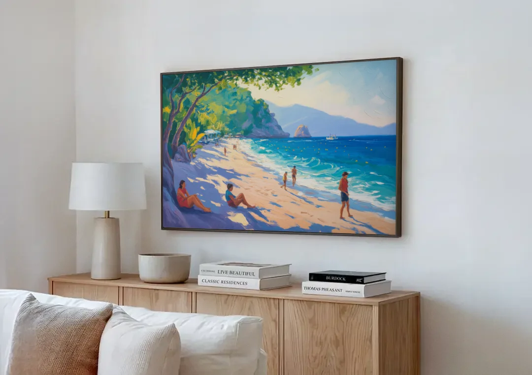 Mismaloya Beach View canvas wall art above a wooden sideboard next to a sofa