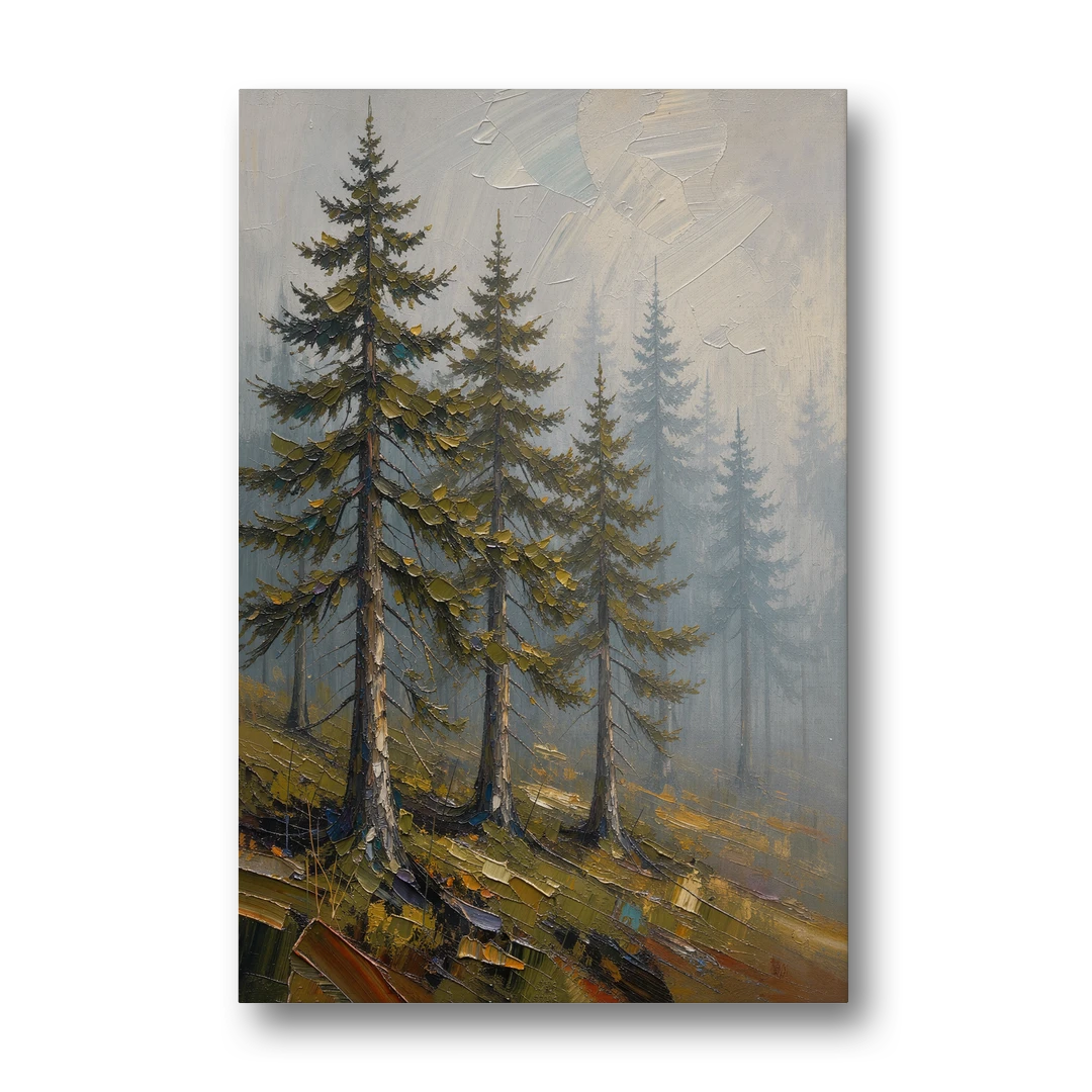 Misty Forest Painting of Pines on a Mossy Slope - Canvas Wall Art - Front