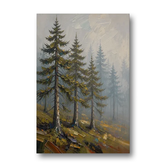 Misty Forest Painting of Pines on a Mossy Slope - Canvas Wall Art - Front