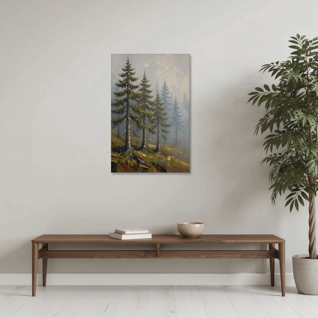 Misty Forest Painting of Pines on a Mossy Slope - Canvas Wall Art - Coffee Table - 24x36