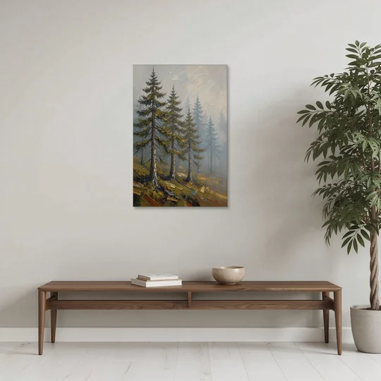 Misty Forest Painting of Pines on a Mossy Slope - Canvas Wall Art - Coffee Table - 24x36