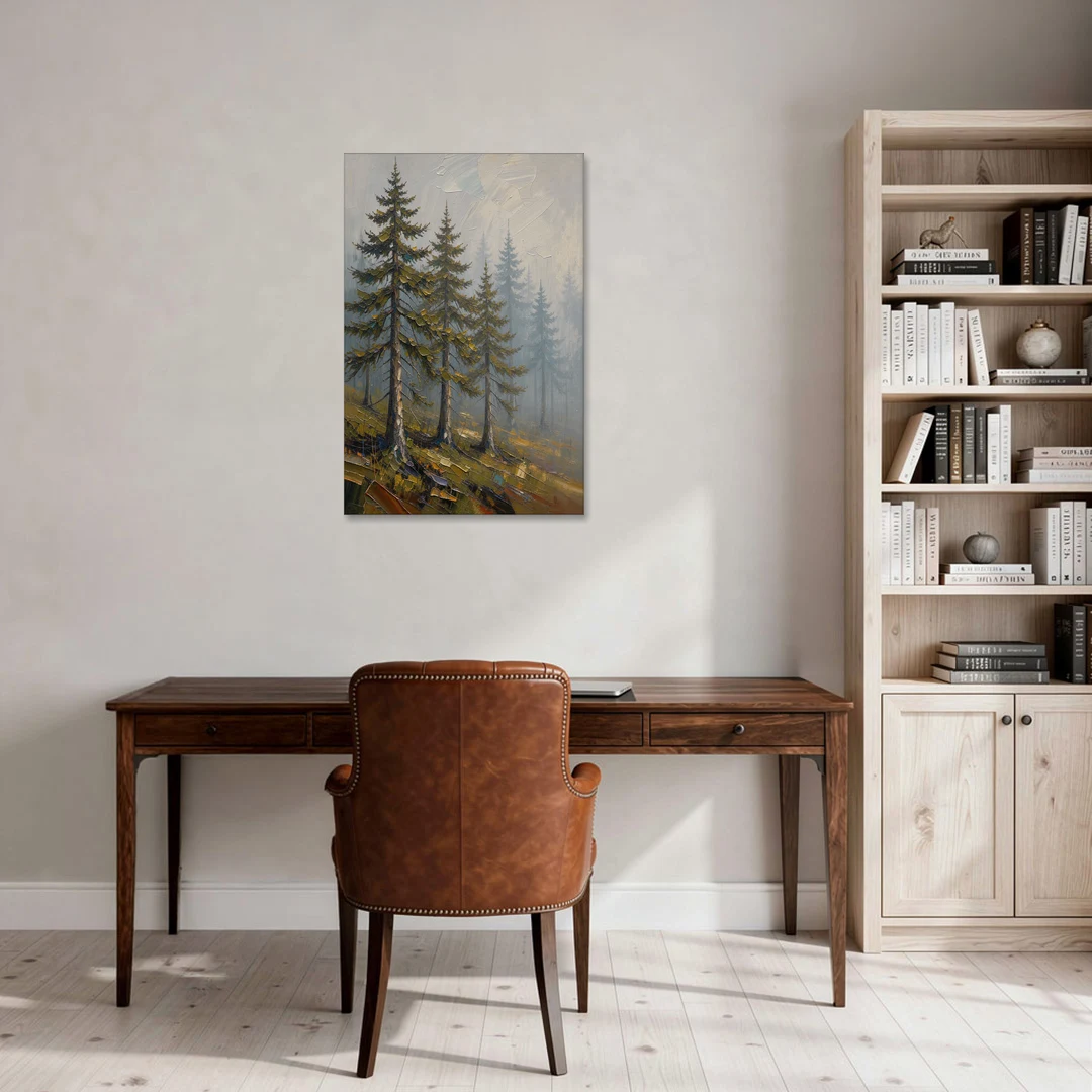 Misty Forest Painting of Pines on a Mossy Slope - Canvas Wall Art - Office - 24x36
