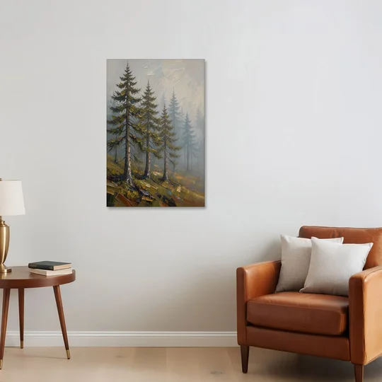 Misty Forest Painting of Pines on a Mossy Slope - Canvas Wall Art - Sofa - 24x36