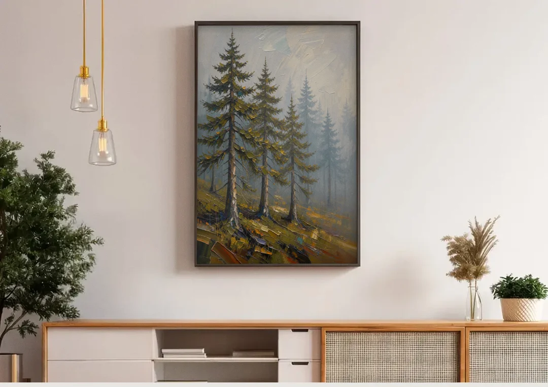 Misty Forest Painting of Pines on a Mossy Slope canvas wall art above a wooden sideboard under pendant lights