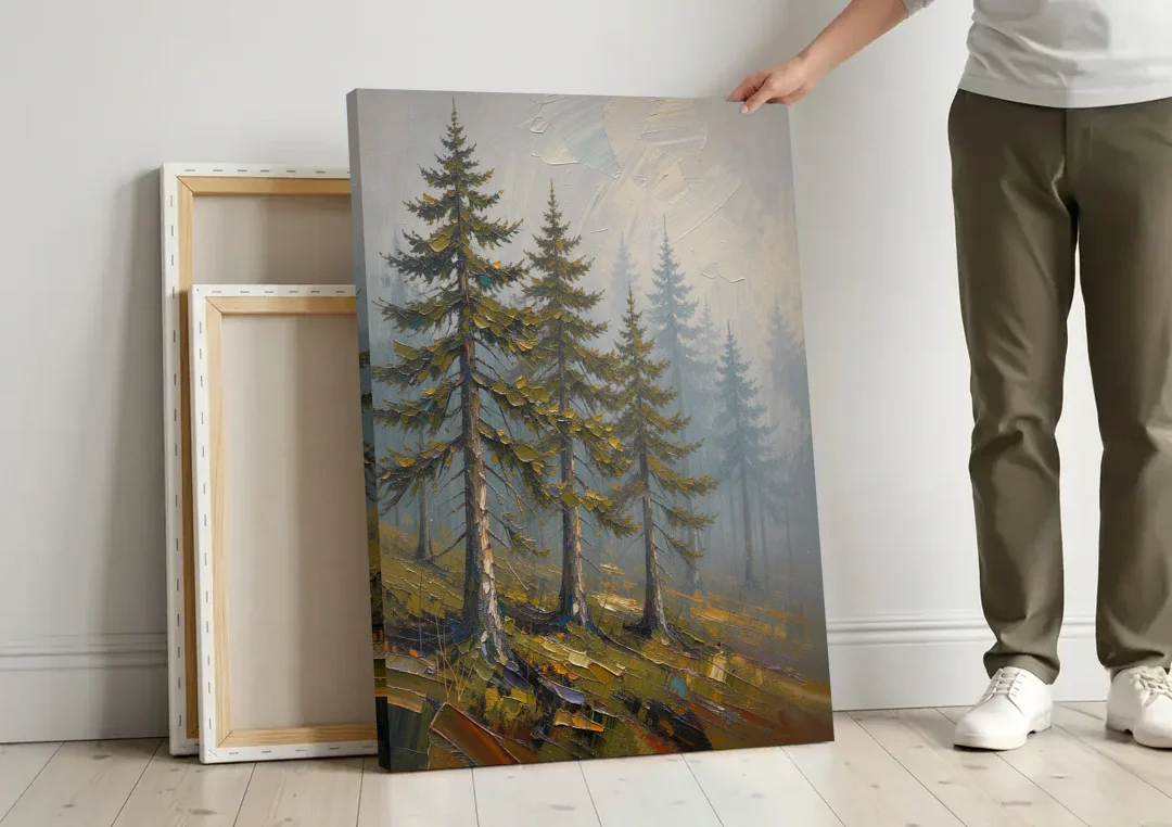 Misty Forest Painting of Pines on a Mossy Slope canvas wall art leaning against a wall next to blank canvases