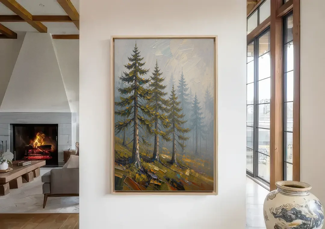 Misty Forest Painting of Pines on a Mossy Slope canvas wall art in a living room with a fireplace