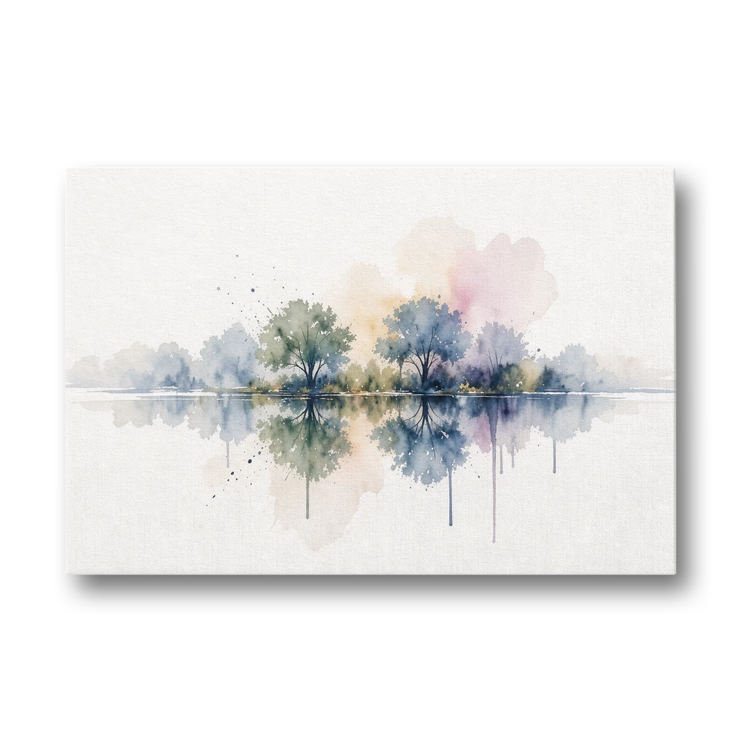 Misty Lake Painting with Mirrored Trees - Canvas Wall Art - Front