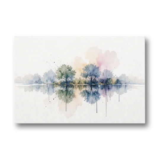 Misty Lake Painting with Mirrored Trees - Canvas Wall Art - Front