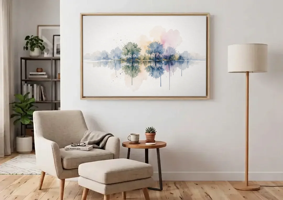Misty Lake Painting with Mirrored Trees canvas wall art above an armchair in a bright living room