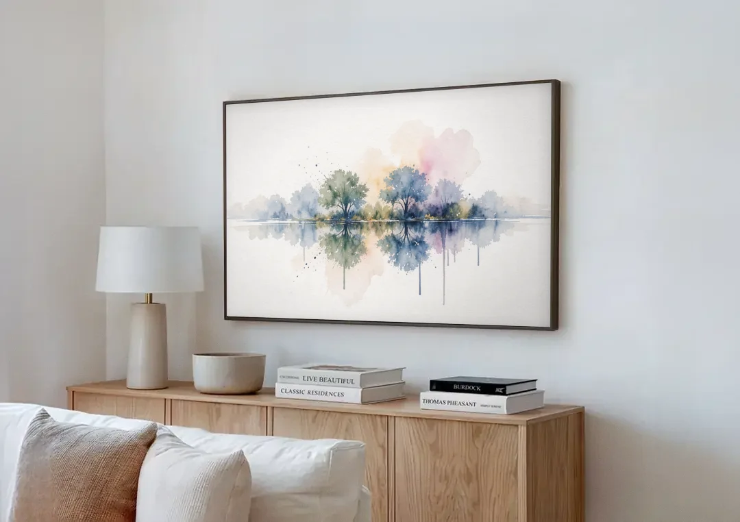 Misty Lake Painting with Mirrored Trees canvas wall art above a wooden sideboard next to a sofa