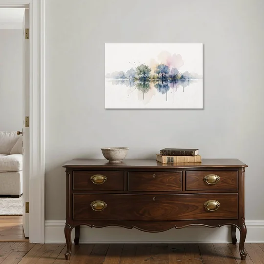 Misty Lake Painting with Mirrored Trees - Canvas Wall Art - Coffee Table - 36x24