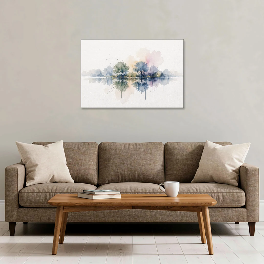 Misty Lake Painting with Mirrored Trees - Canvas Wall Art - Sofa - 36x24