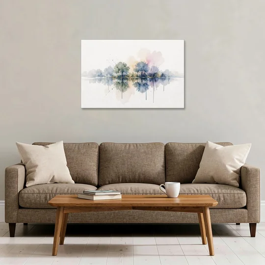 Misty Lake Painting with Mirrored Trees - Canvas Wall Art - Sofa - 36x24