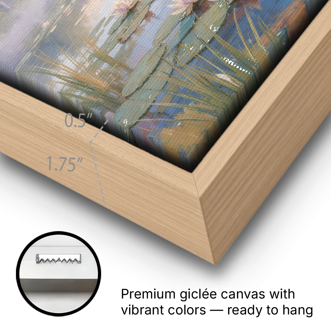 Misty Lily Pond at Sunrise for the Bedroom - Oak Framed Canvas Wall Art - Gallery Wrap Corner