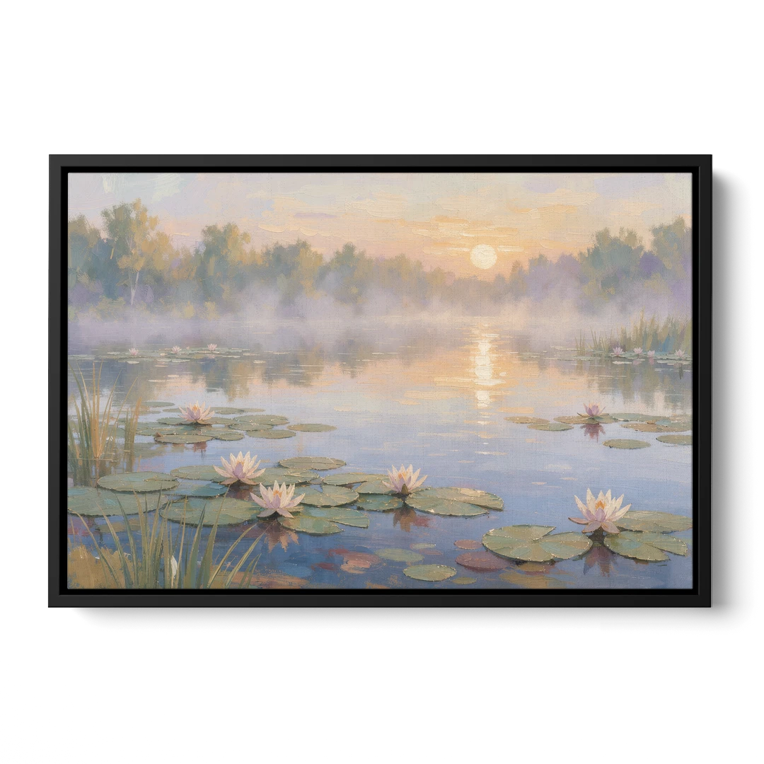 Misty Lily Pond at Sunrise for the Bedroom - Black Framed Canvas Wall Art - Front