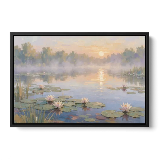 Misty Lily Pond at Sunrise for the Bedroom - Black Framed Canvas Wall Art - Front