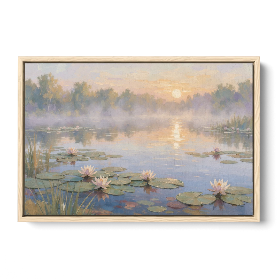 Misty Lily Pond at Sunrise for the Bedroom - Oak Framed Canvas Wall Art - Front