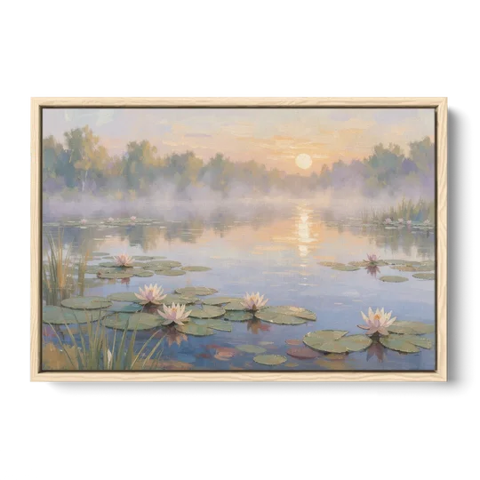 Misty Lily Pond at Sunrise for the Bedroom - Oak Framed Canvas Wall Art - Front